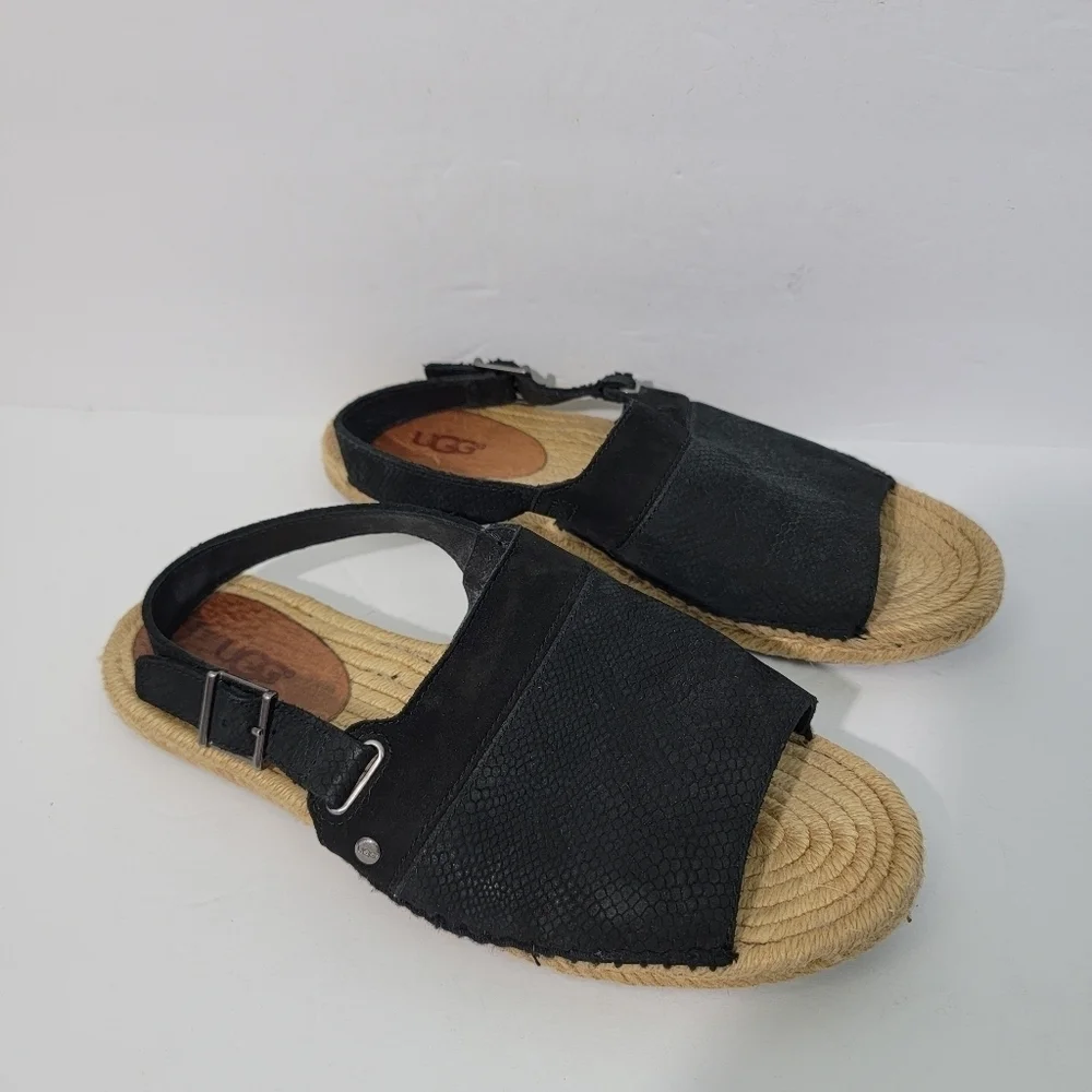 UGG Isadora Black Leather Snakeskin Slink Back Espadrille Sandals Women Sz 5.5